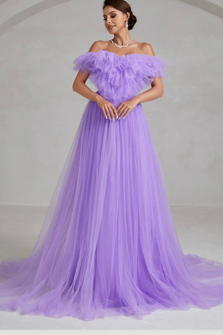 Purple Off-Shoulder Ruffle Trim Mesh Wedding Dress
