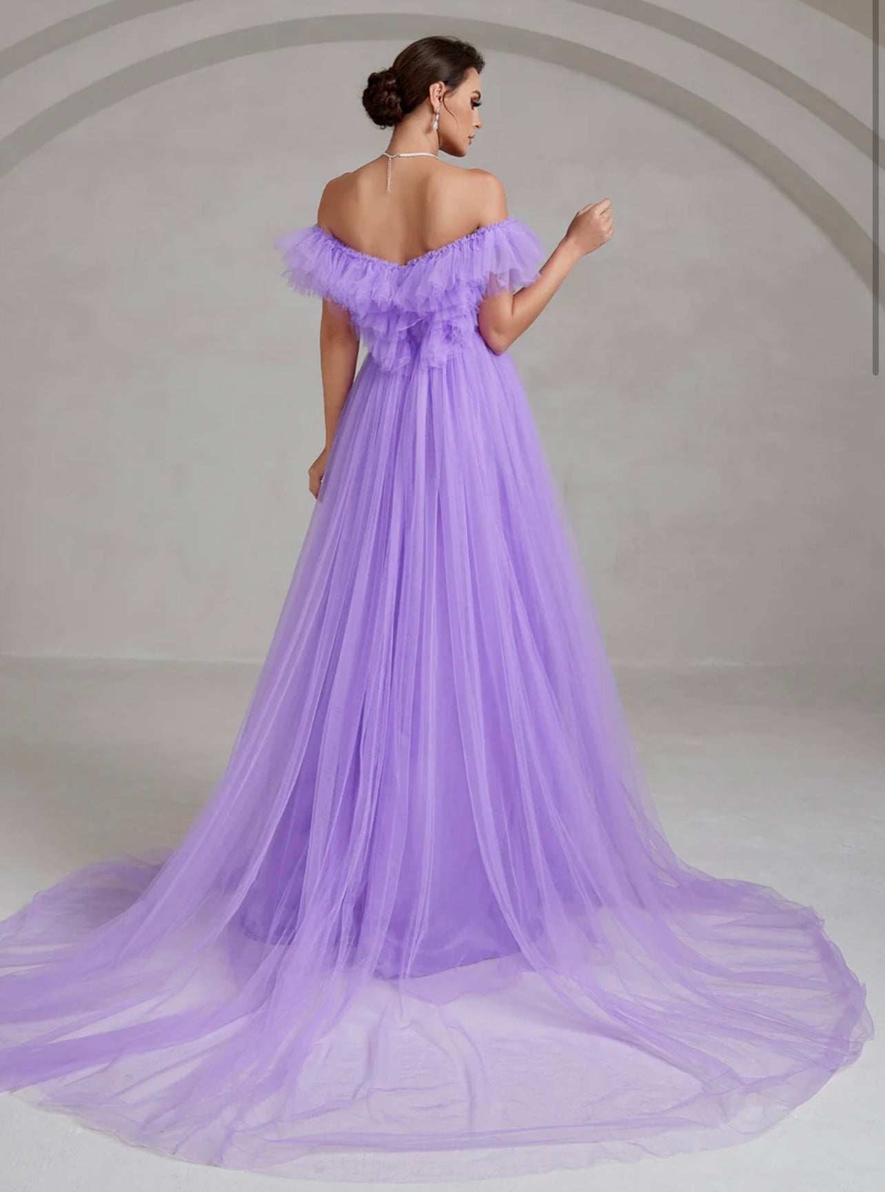 Purple Off-Shoulder Ruffle Trim Mesh Wedding Dress