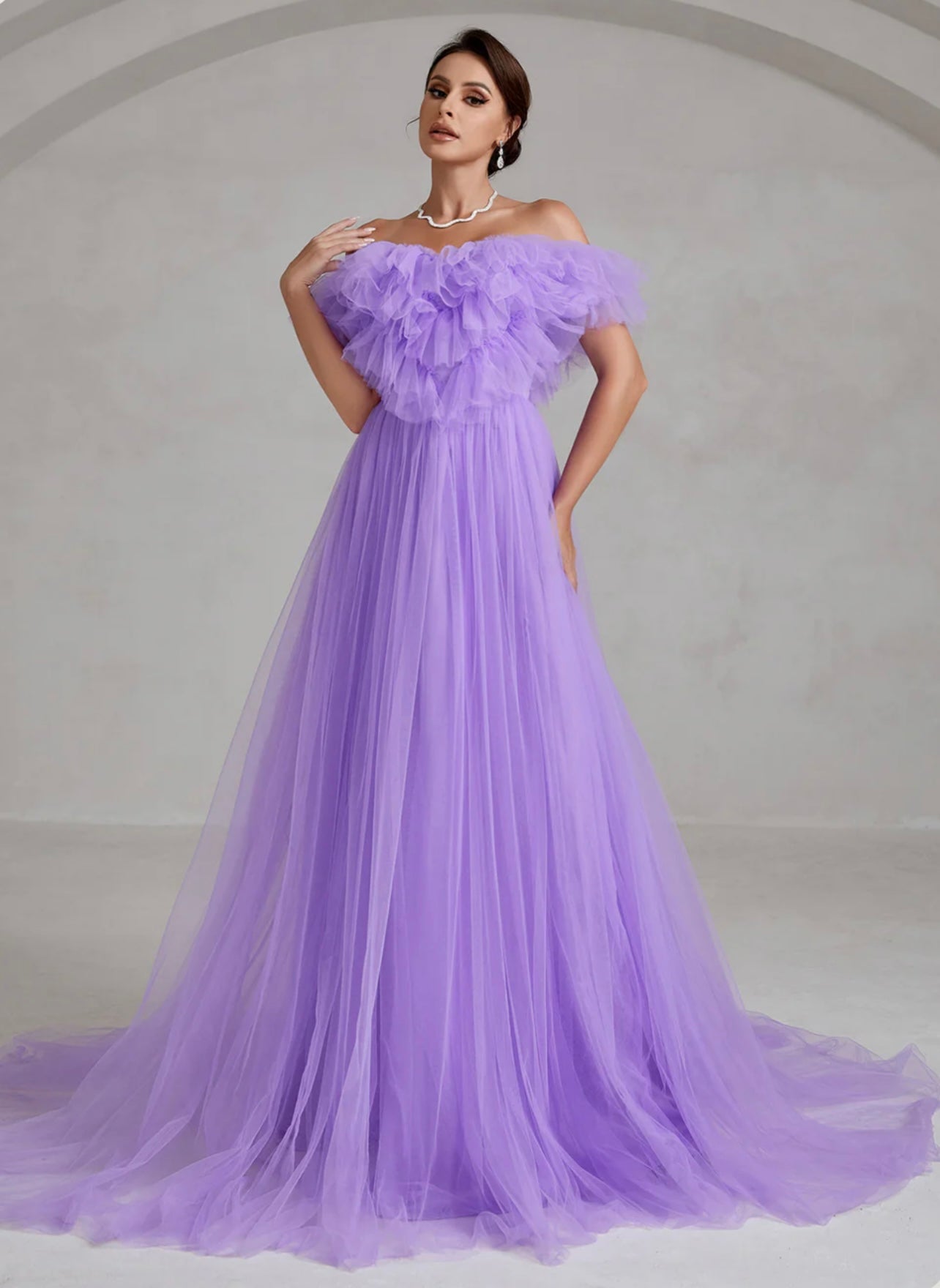 Purple Off-Shoulder Ruffle Trim Mesh Wedding Dress