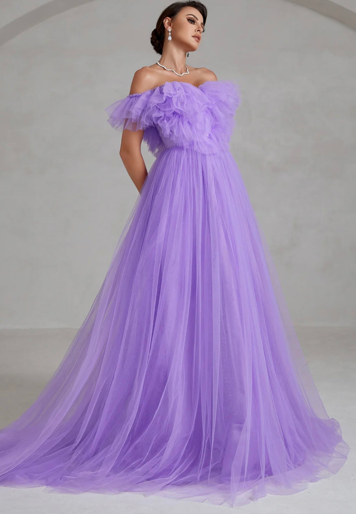Purple Off-Shoulder Ruffle Trim Mesh Wedding Dress