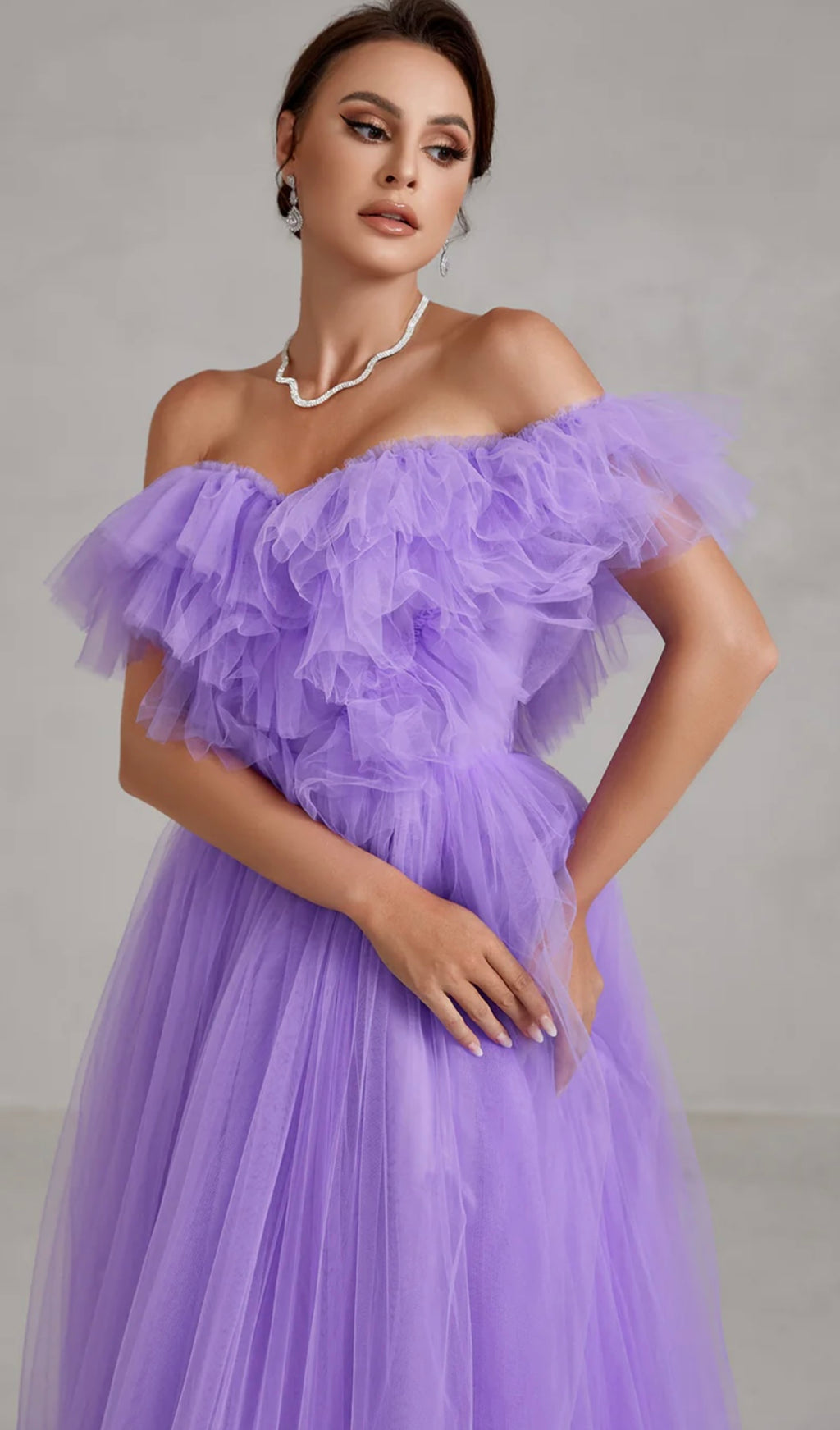 Purple Off-Shoulder Ruffle Trim Mesh Wedding Dress