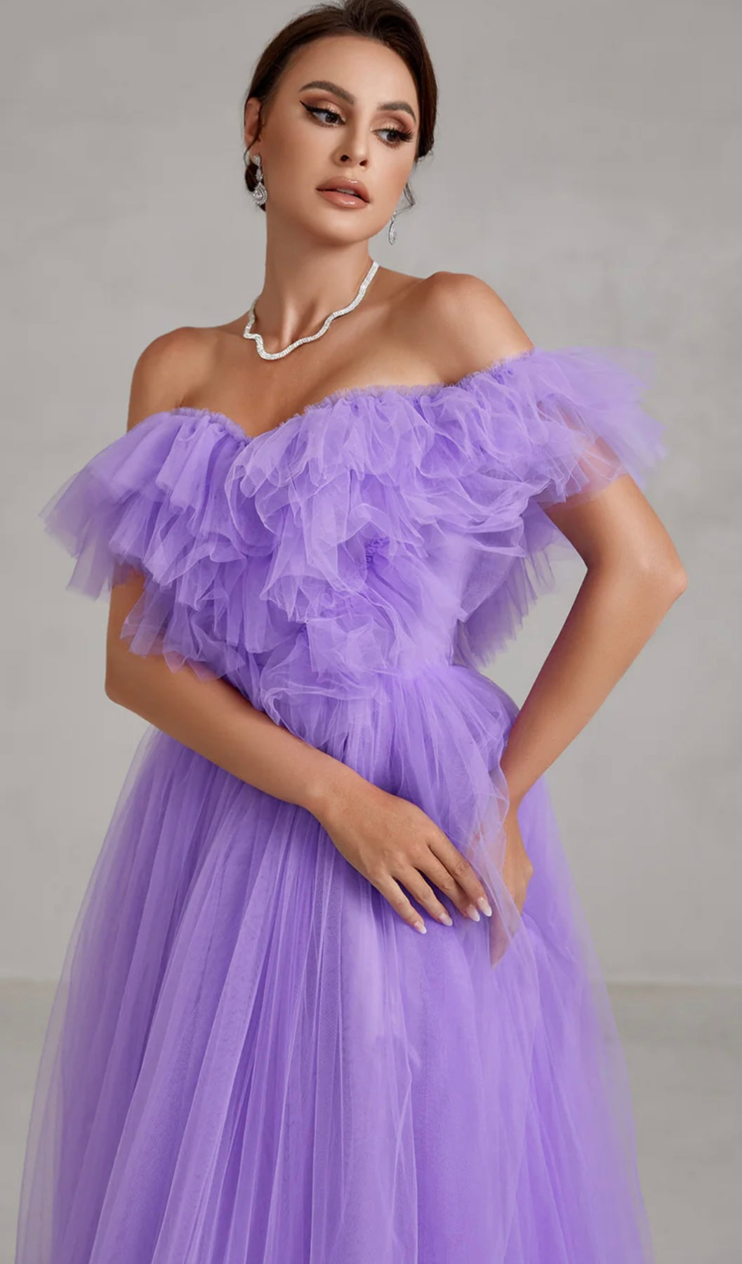 Purple Off-Shoulder Ruffle Trim Mesh Wedding Dress
