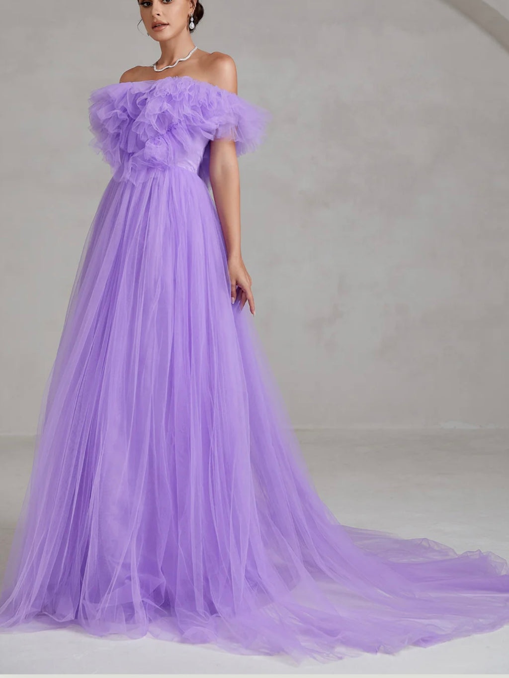 Purple Off-Shoulder Ruffle Trim Mesh Wedding Dress