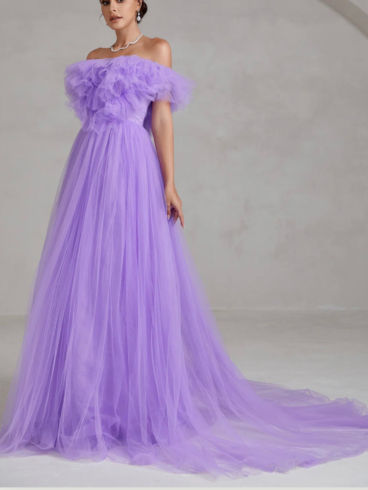 Purple Off-Shoulder Ruffle Trim Mesh Wedding Dress