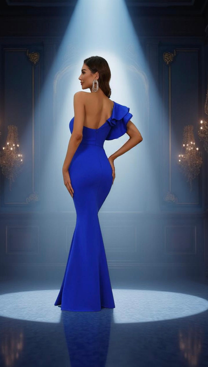 Ruffle Trim One-Shoulder Mermaid Hem Prom Dress