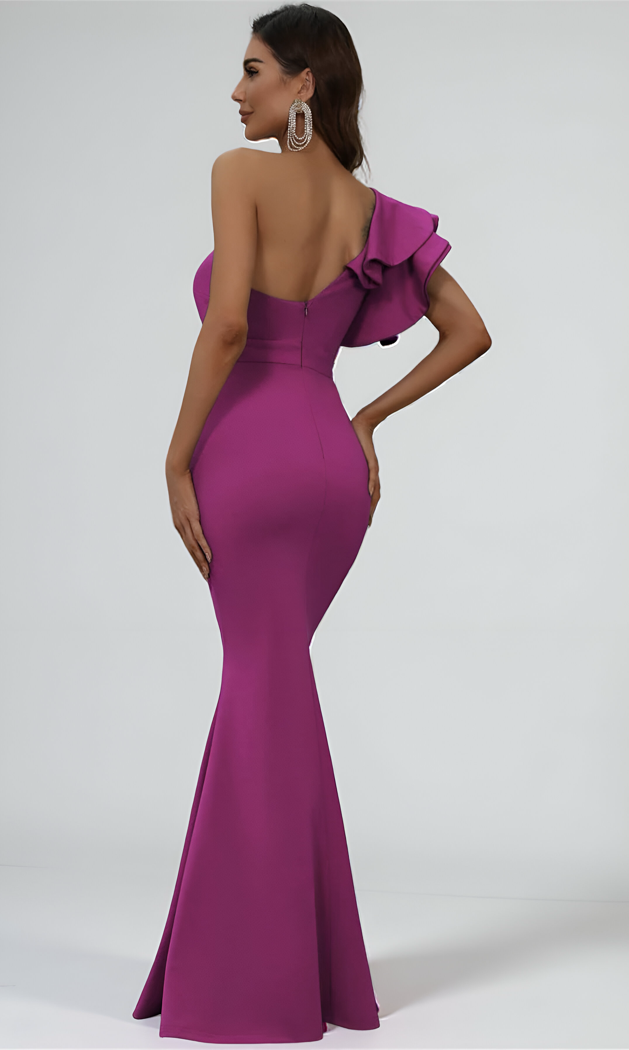 Ruffle Trim One-Shoulder Mermaid Hem Prom Dress