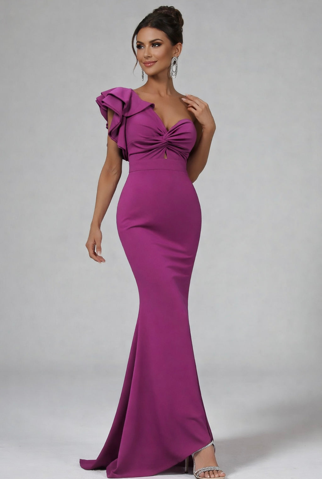 Ruffle Trim One-Shoulder Mermaid Hem Prom Dress