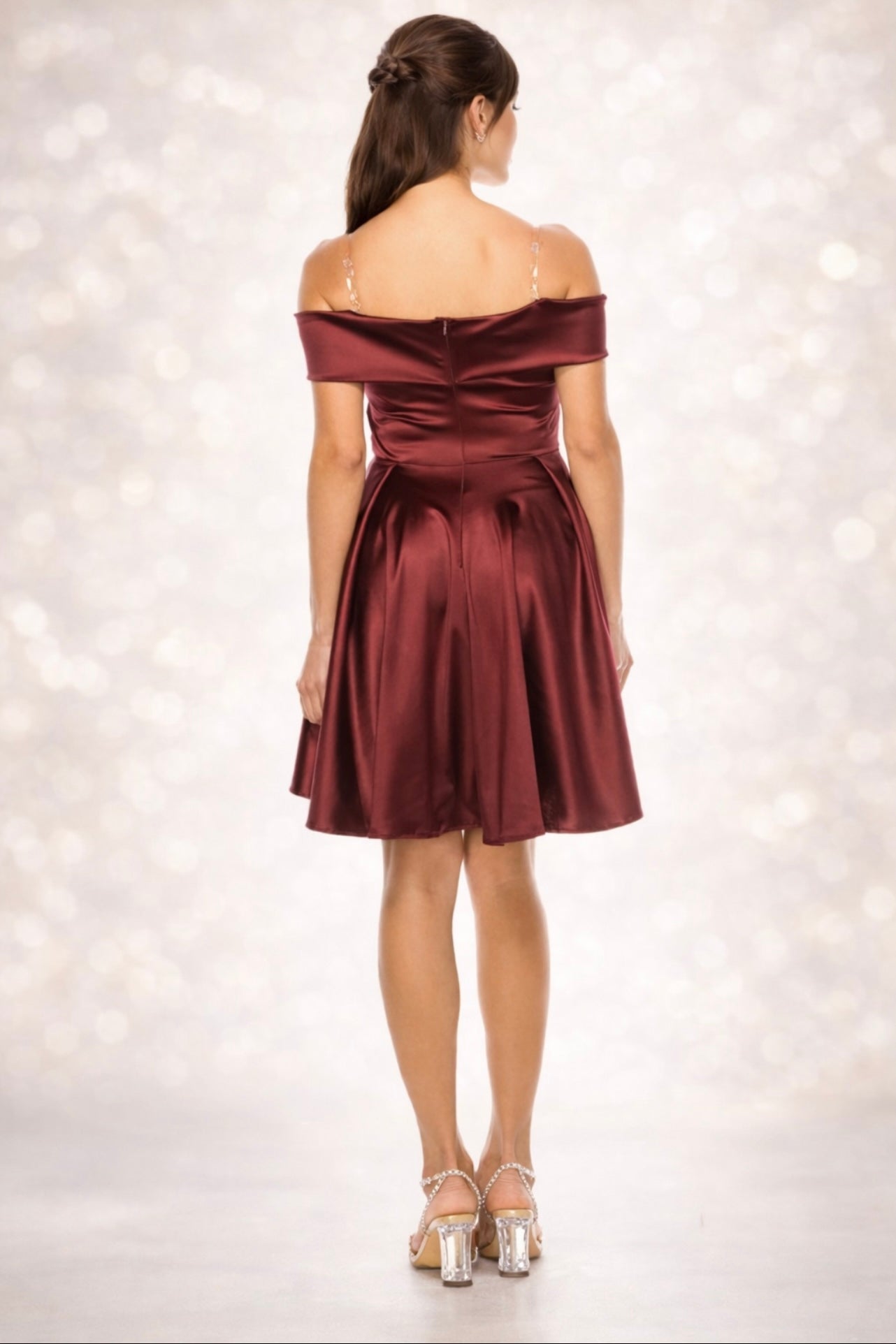Off Shoulder Shiny Satin Short Party Dress