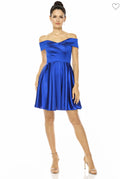 Off Shoulder Shiny Satin Short Party Dress
