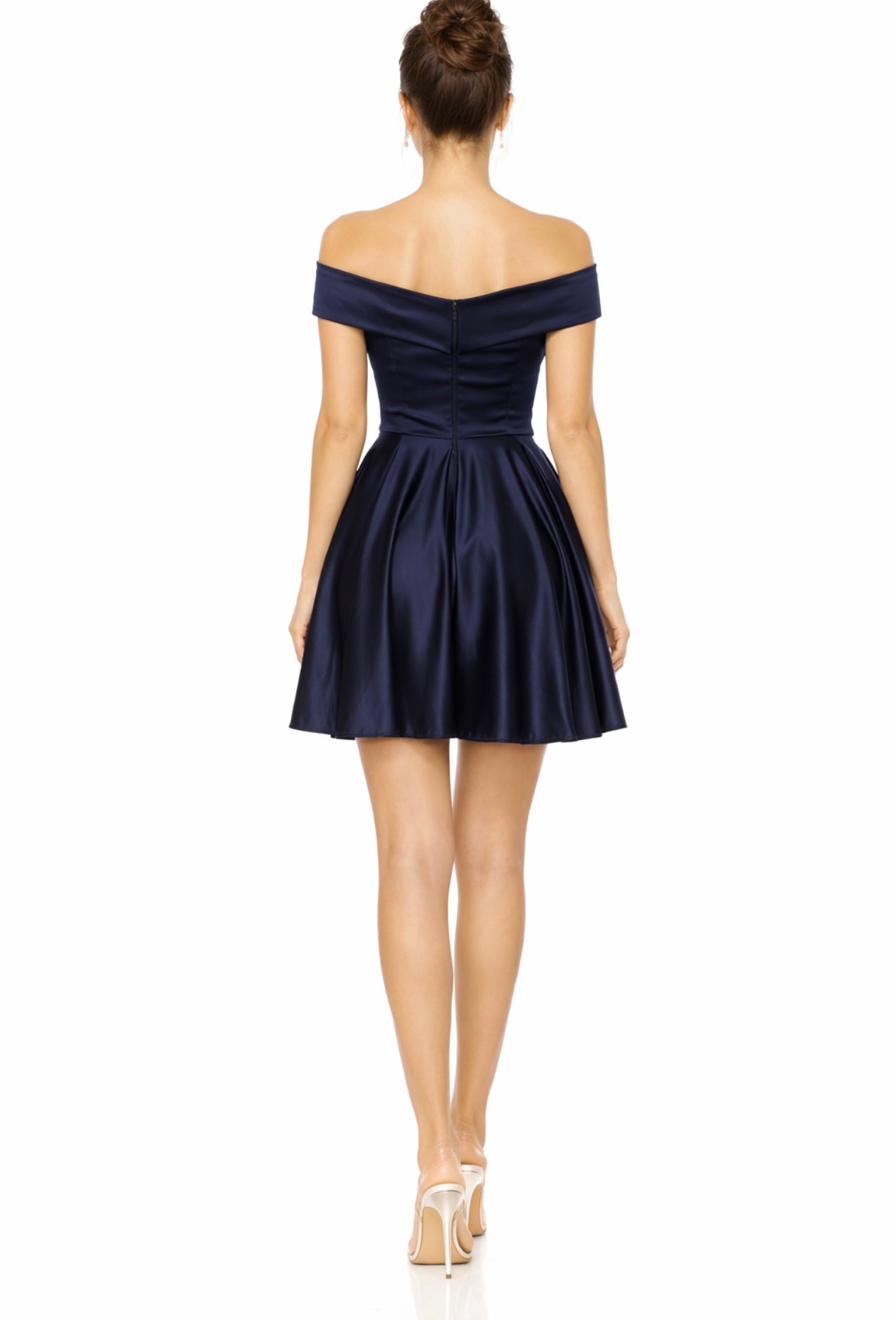 Off Shoulder Shiny Satin Short Party Dress