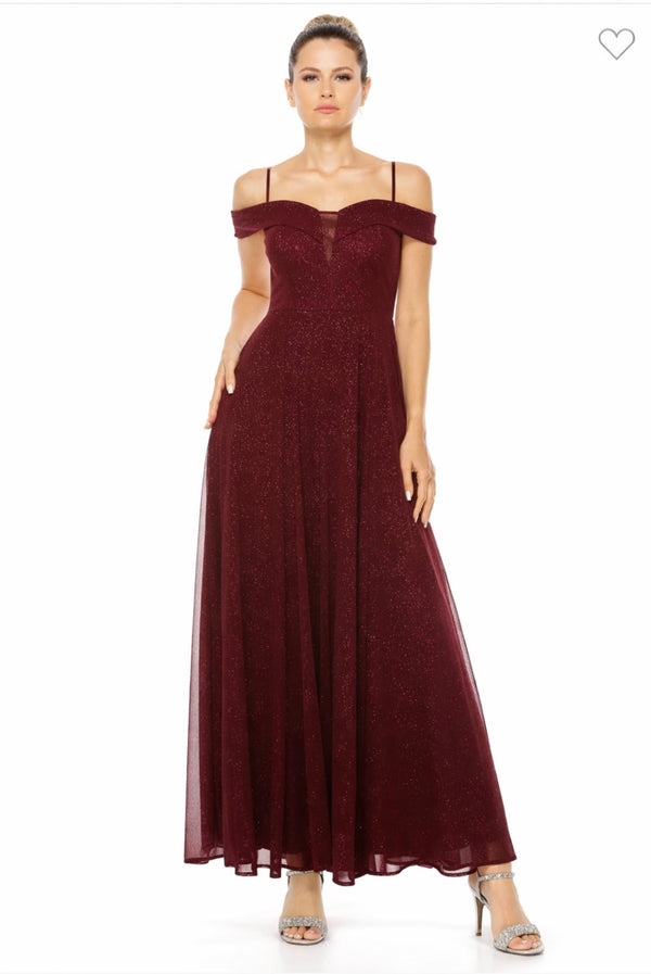 Off Shoulder Glitter Mesh Stretch Maxi Dress