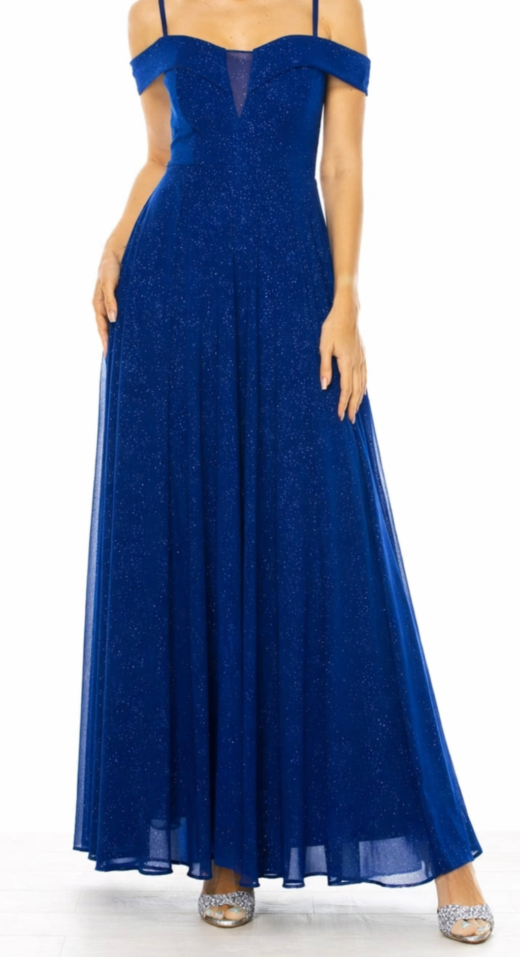 Off Shoulder Glitter Mesh Stretch Maxi Dress