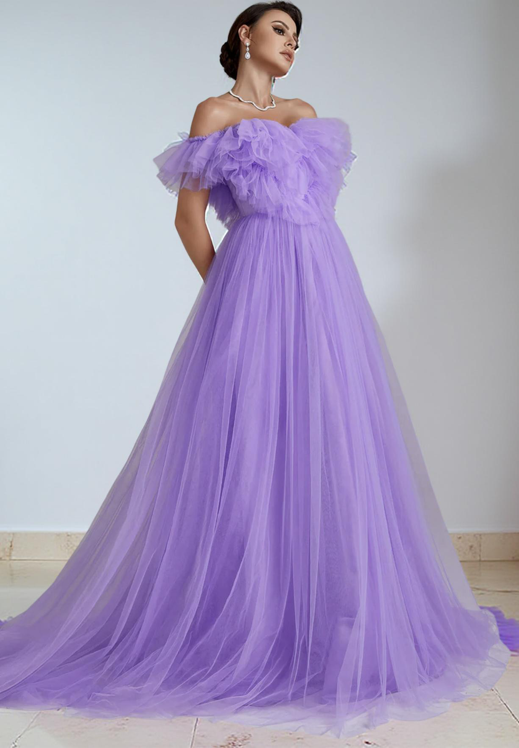 Purple Off-Shoulder Ruffle Trim Mesh Wedding Dress