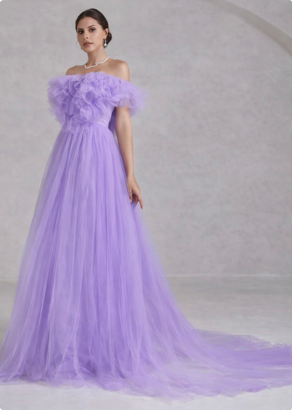 Purple Off-Shoulder Ruffle Trim Mesh Wedding Dress