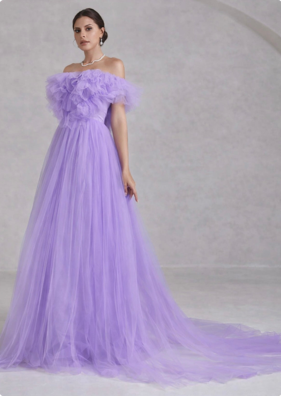 Purple Off-Shoulder Ruffle Trim Mesh Wedding Dress