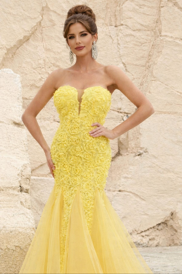 3D Flower Tube Mermaid Dress (Yellow)