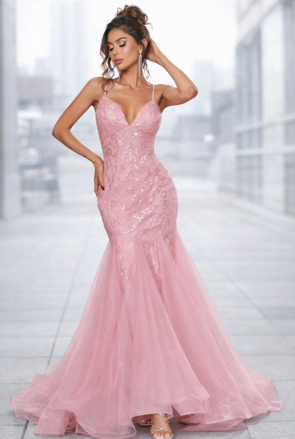 Lace Up Backless Sequin Mermaid Hem Cami Dress
