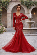 Elegant V-Neck Sequin Mermaid Dress - Red
