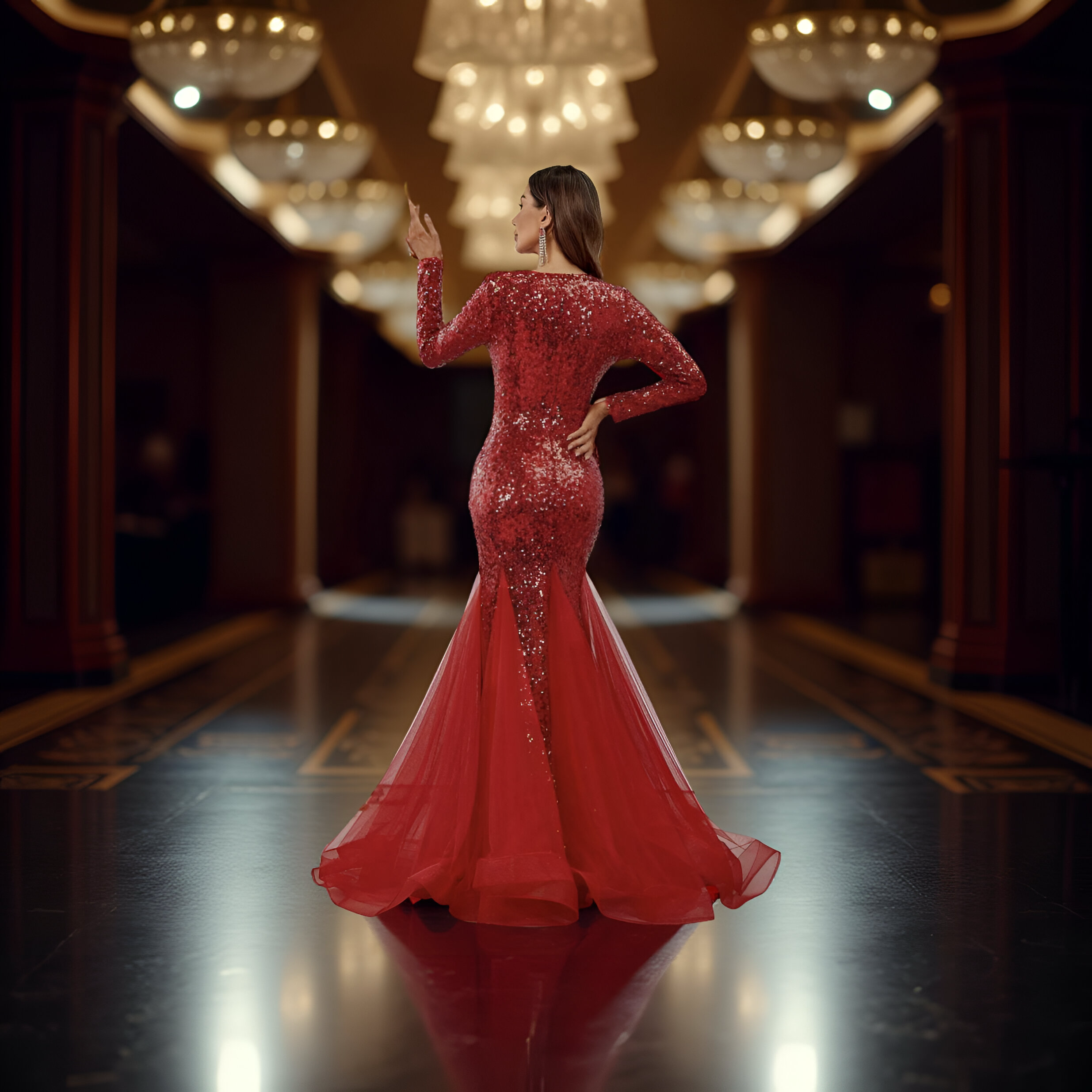 Elegant V-Neck Sequin Mermaid Dress - Red
