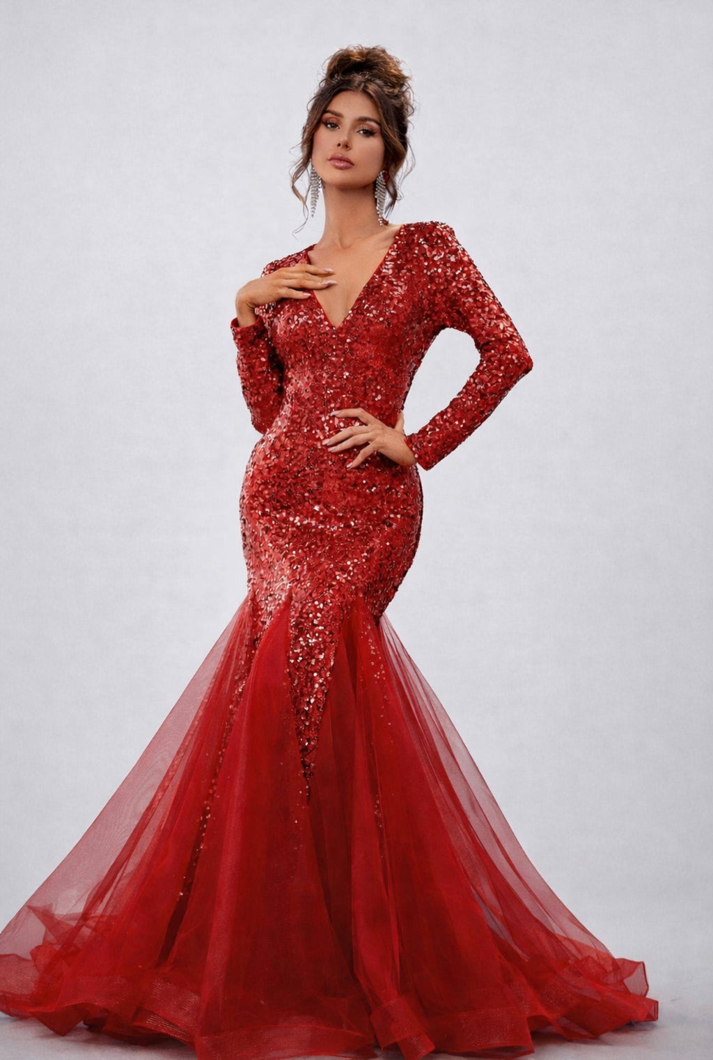 Elegant V-Neck Sequin Mermaid Dress - Red