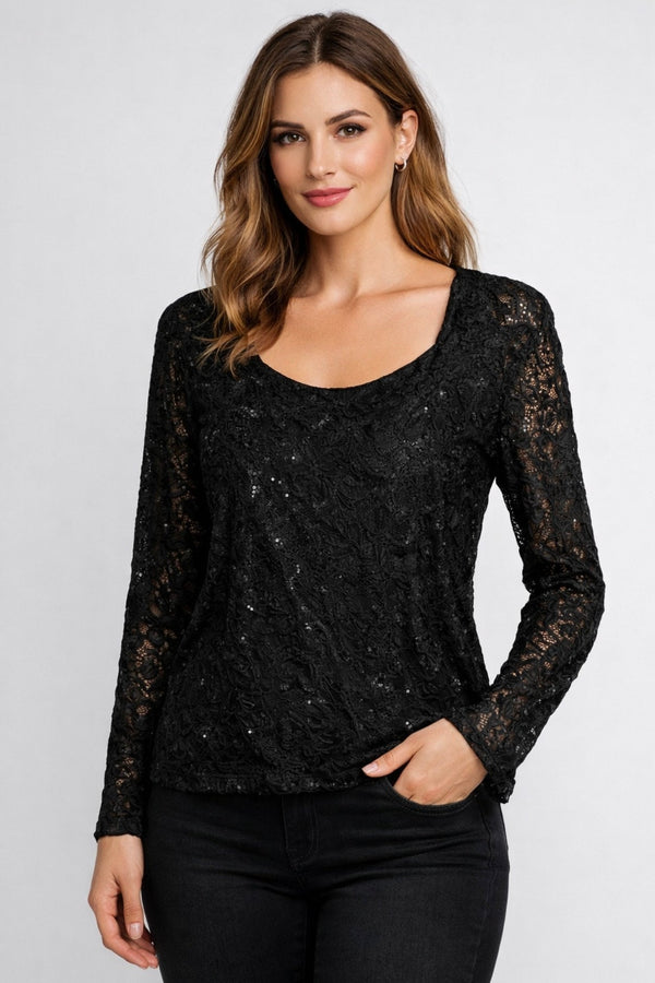 Elegant Lace Sequin Top - Long Sleeve